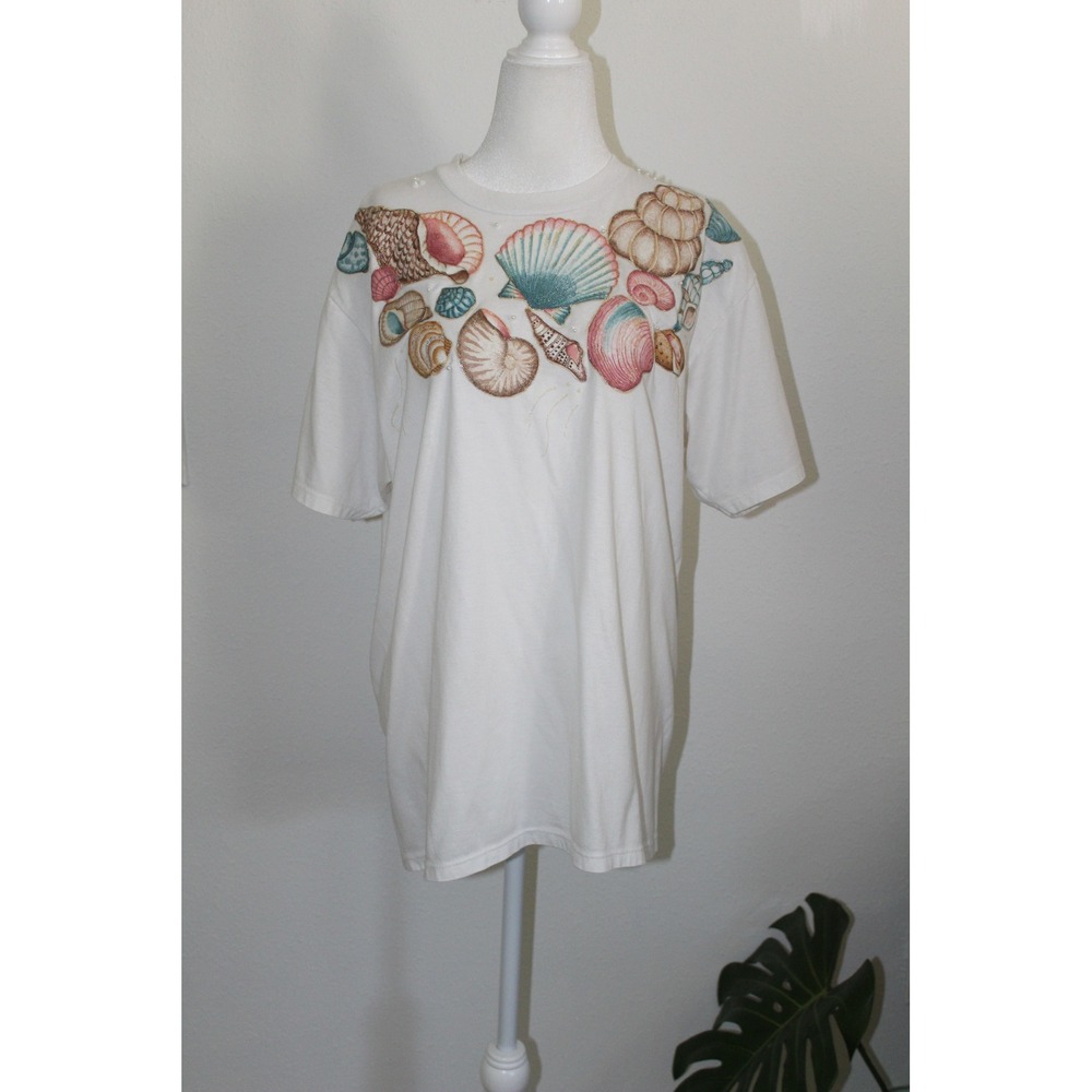 VTG Jerzees Seashell Graphic T-Shirt White Faux Pearl Embellished Large USA Made